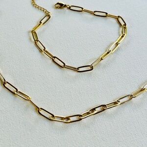 Paper clip Necklace bracelet set Titanium and 18k Gold Plated Jewelry Set unisex